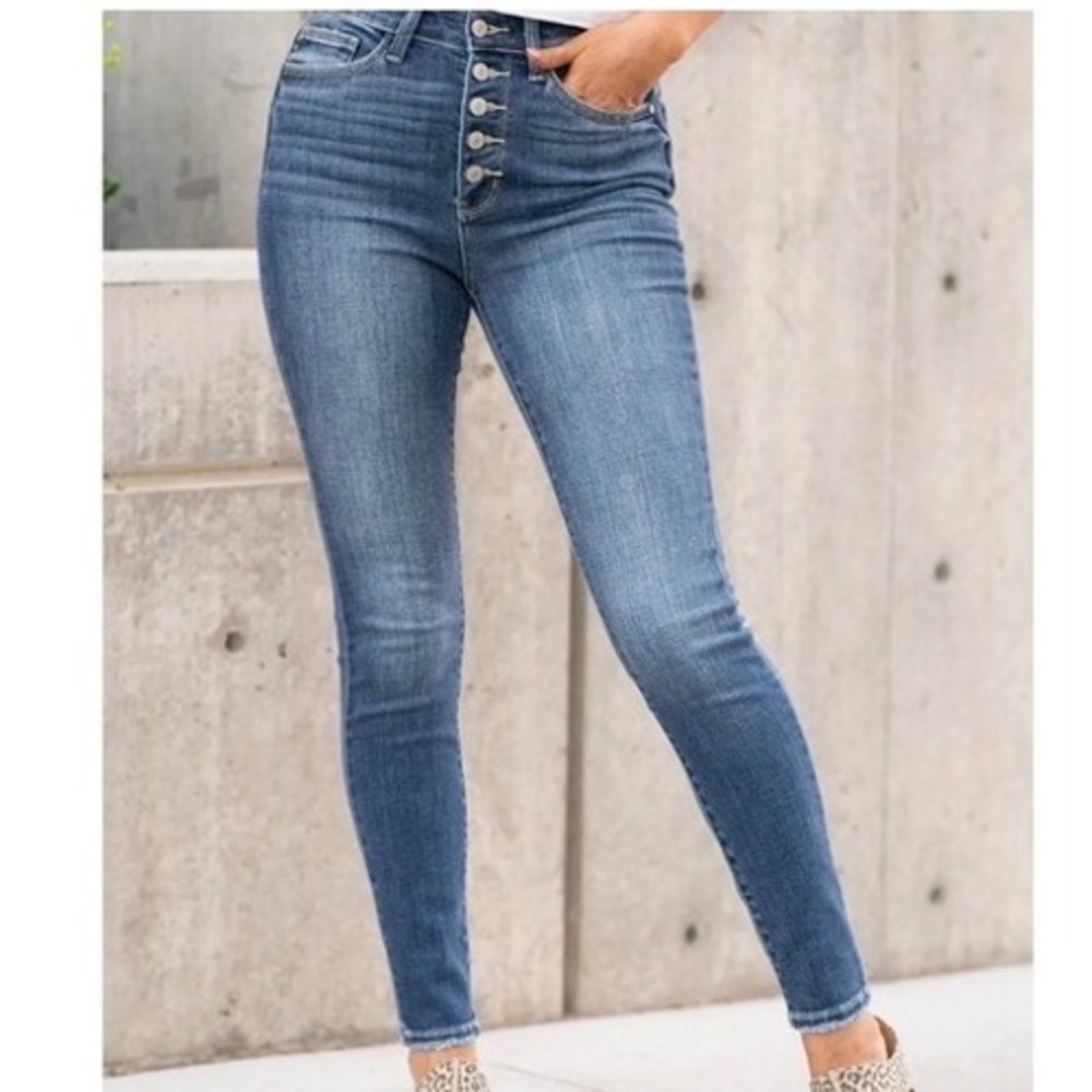 Judy Blue High Waist‎ Button Fly Skinny Jeans Dark Wash Raw Hem Size 9/29